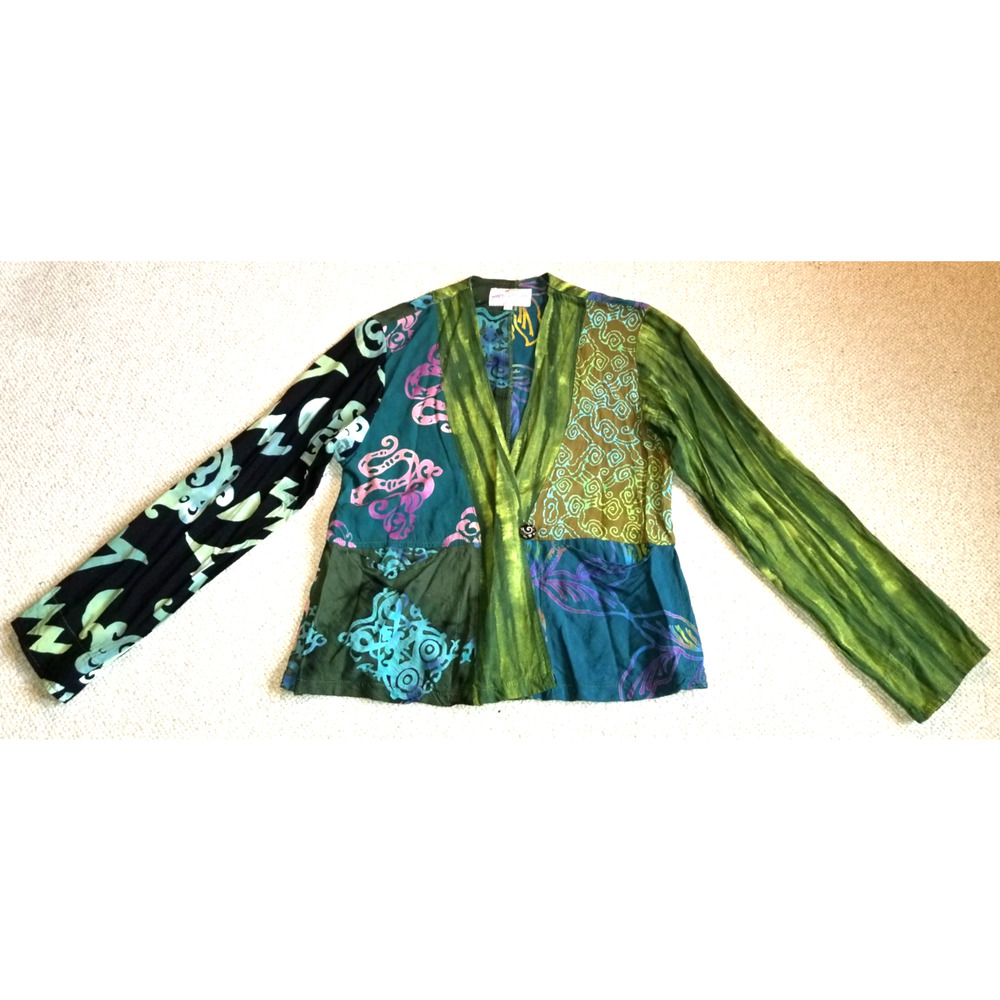 Womens Jacket-WILD WOMAN-green/blue patchwork Batik rayon Art-to-Wear Boho-S/M